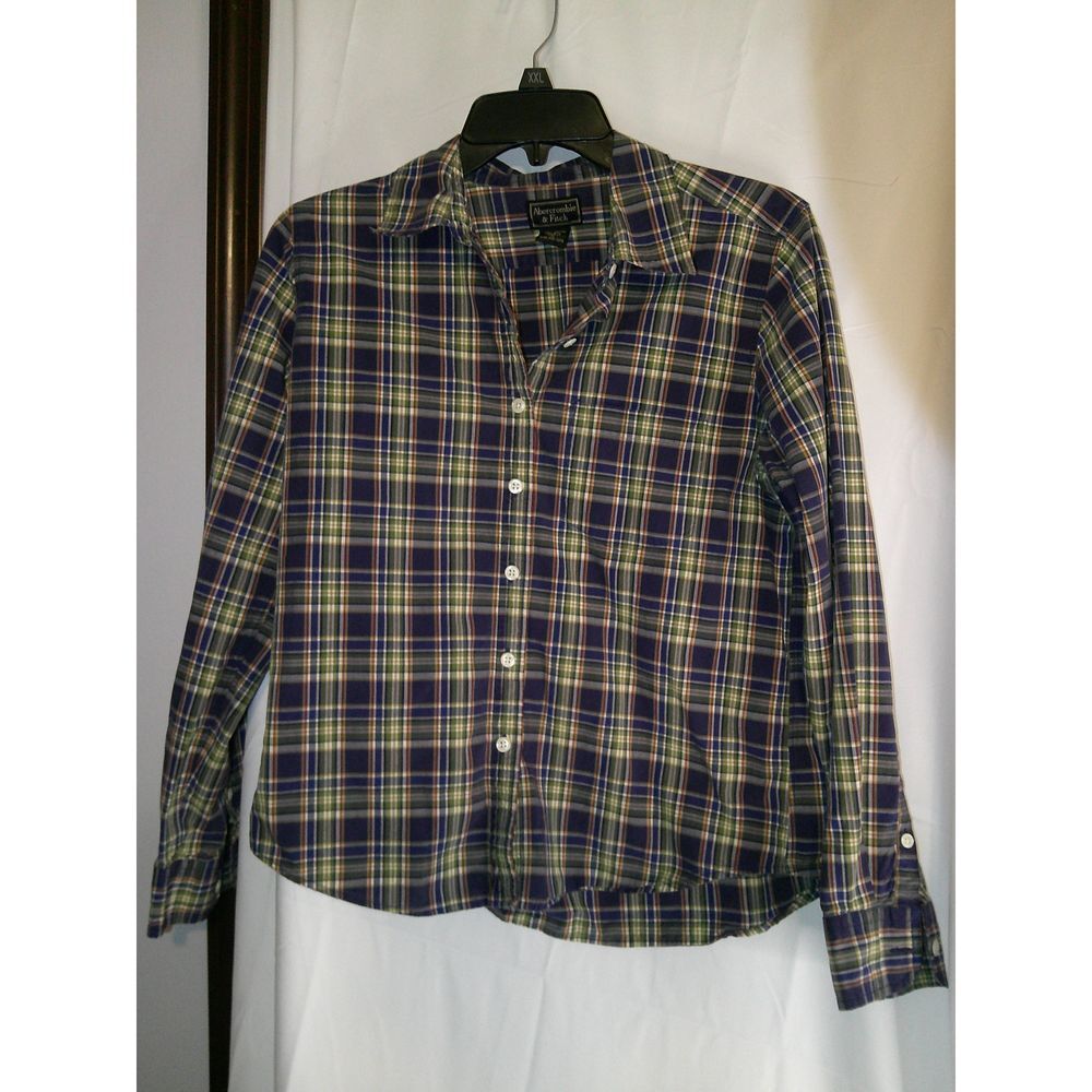 Abercrombie & Fitch Classic Plaid Button-Down Shirt Navy Cream Long Sleeve Med